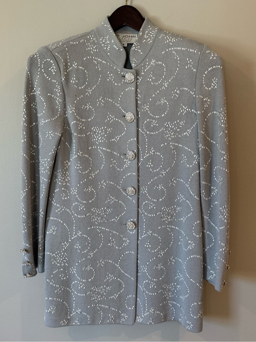 Vintage St John Evening Knit Sweater Jacket Size 4 Marie Gray Crystal Buttons